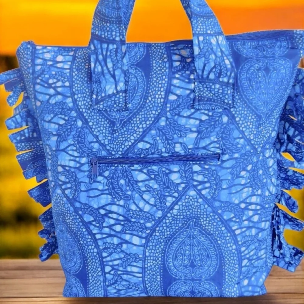 Luxurious Blue Ruffled Tote Bag